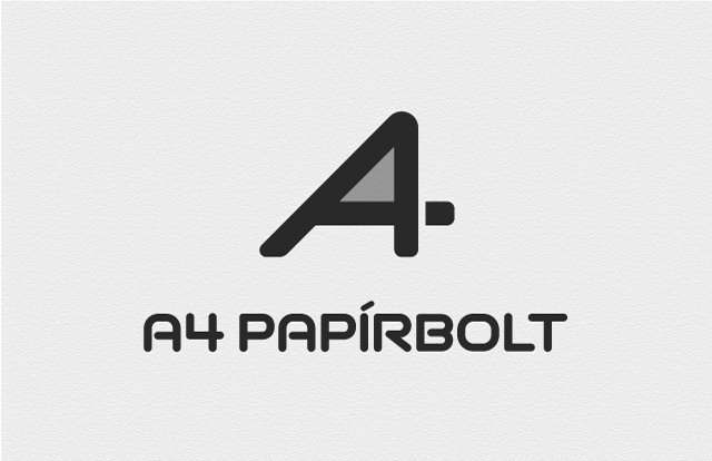 Az A4 Papírbolt logótervén az összeolvasztott A és 4 karakterek mellett egy ceruzahegyet és egy körzőt is felfedezhetünk.